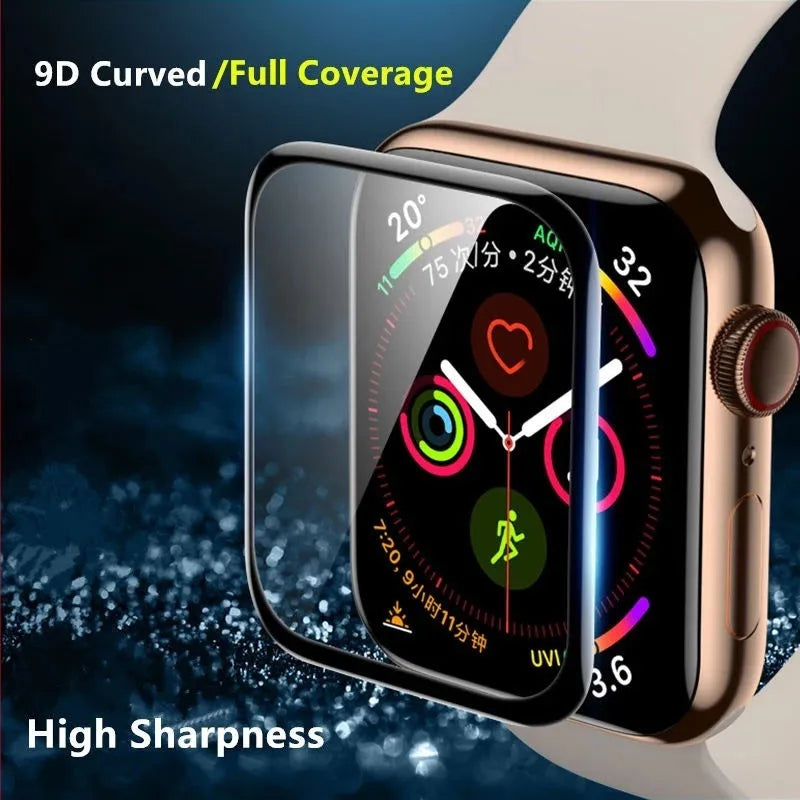 PMMA curved full screen protective film for Apple Watch in transparent black, sizes 38mm to 49mm