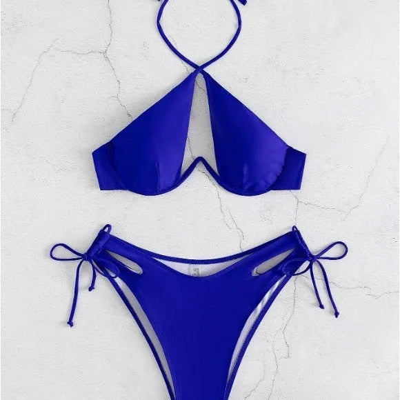 Brown women's halter bikini swimsuit with briefs on a white background