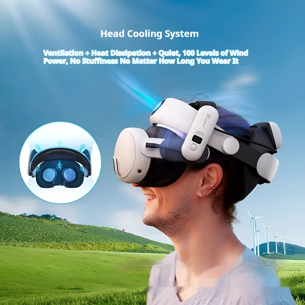 Adjustable VR head wear with ABS sponge cushion and battery, multi-angle head strap for virtual reality headsets.