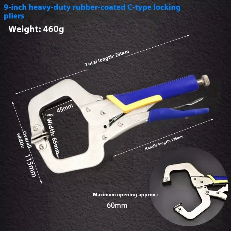 C-type alloy steel vise grip clamp with large opening and screw mechanism on a black background