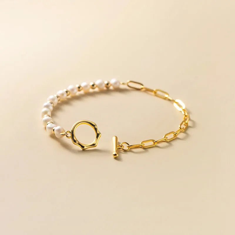 Women's Korean-style geometric pearl stitching bracelet with electroplated S925 silver finish on alloy