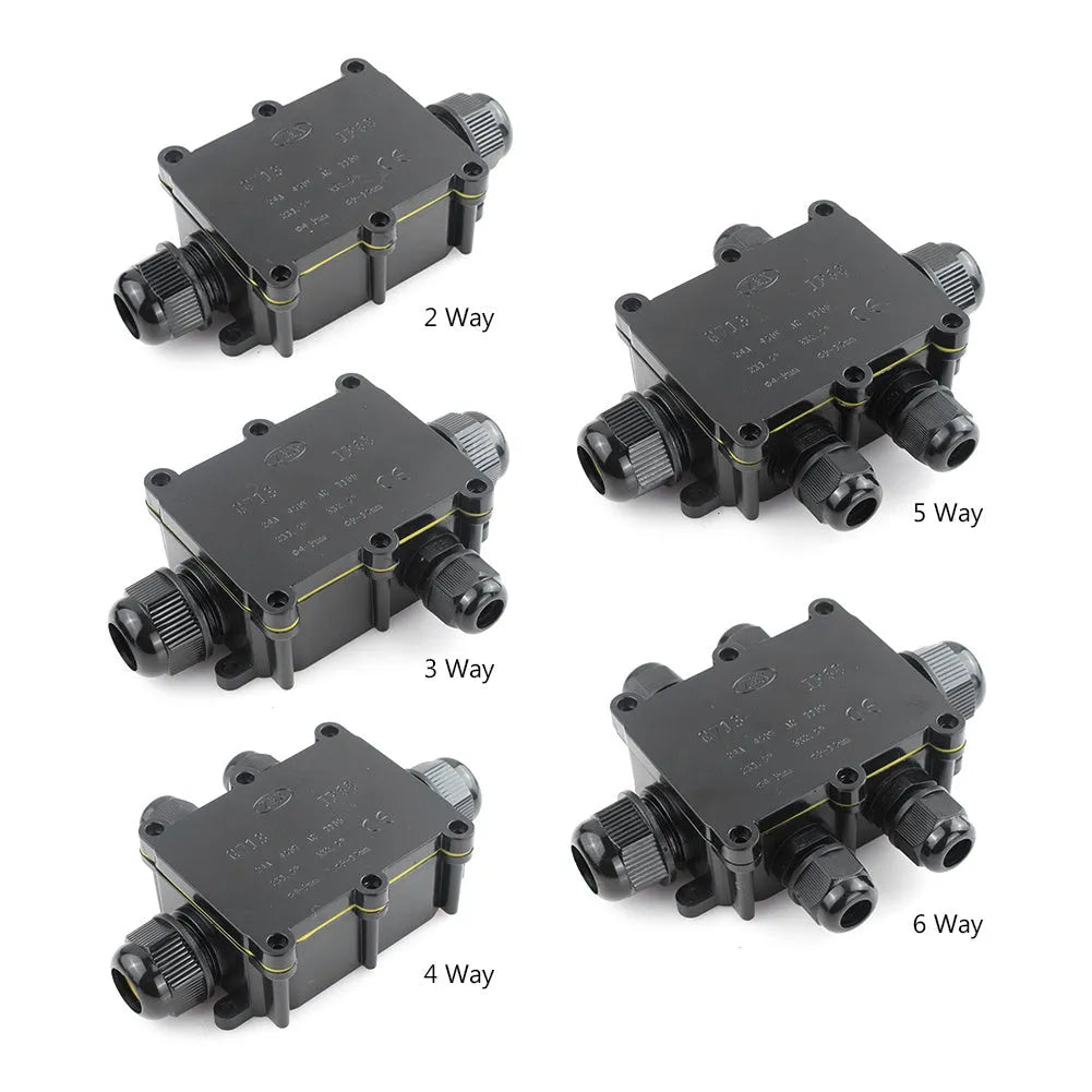 IP68 waterproof six-way outdoor junction box in black, white, or transparent, with connector, for fountain light cables.