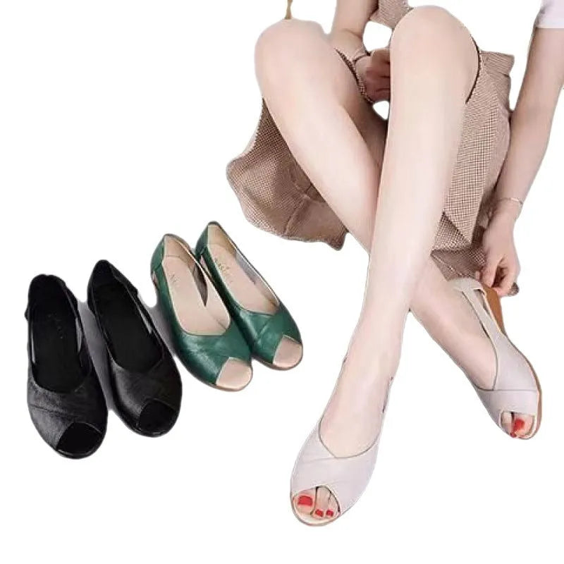 Women's casual peep toe sandals with a rubber mid heel and an ankle buckle strap.
