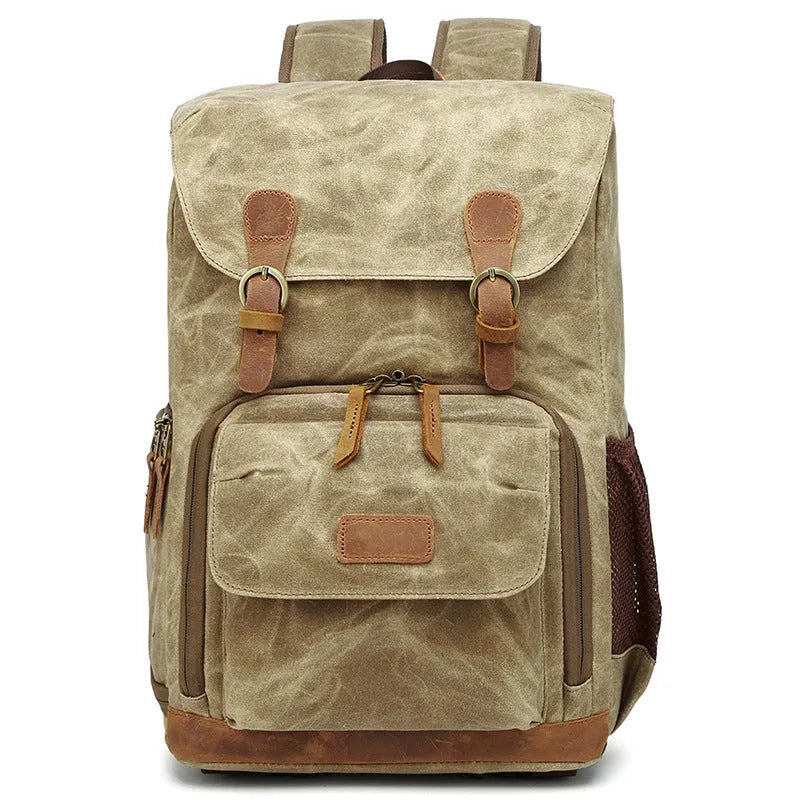 Canvas DSLR camera backpack in khaki colour with waterproof anti-theft features