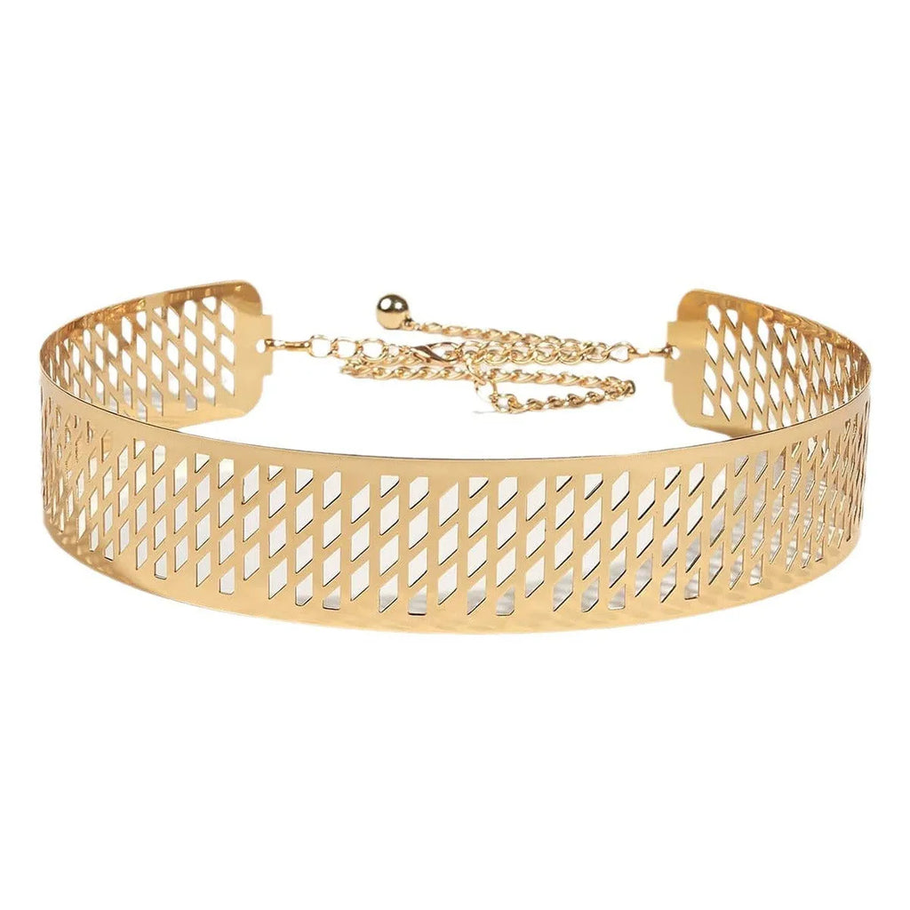 Gold thick iron waist ring belt with alloy buckle shown at 105cm length.