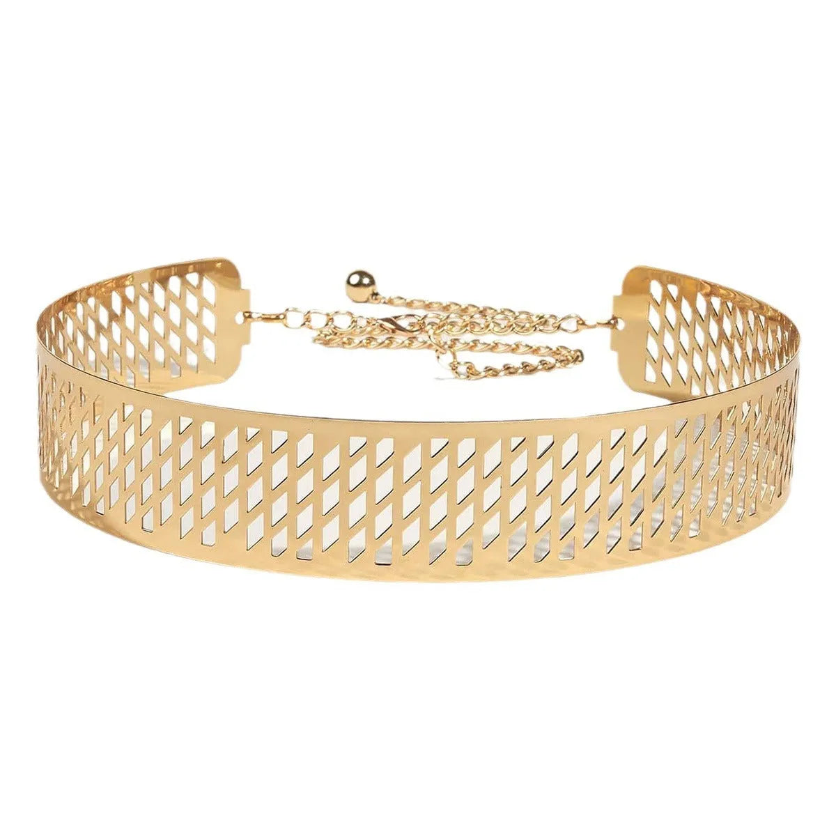 Gold thick iron waist ring belt with alloy buckle shown at 105cm length.
