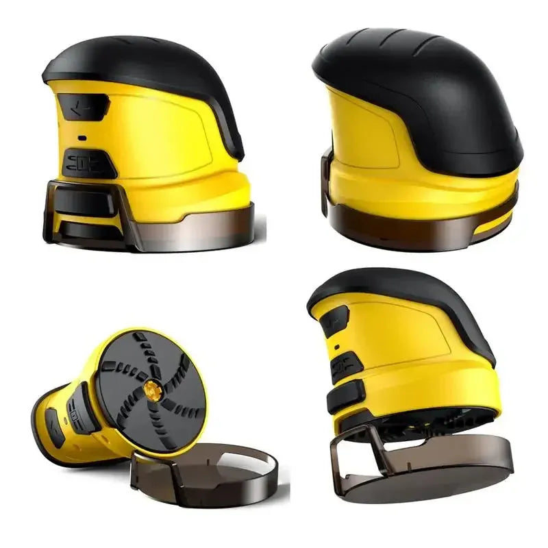 Yellow cordless electric snow scraper with ergonomic handle and removal window for car windscreen de-icing