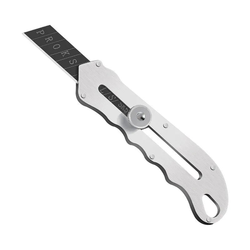 Stainless steel folding art knife with black blade and set of 10 trapezoidal blades