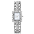 Women's square bracelet watch with black dial surface on display in OPP packaging