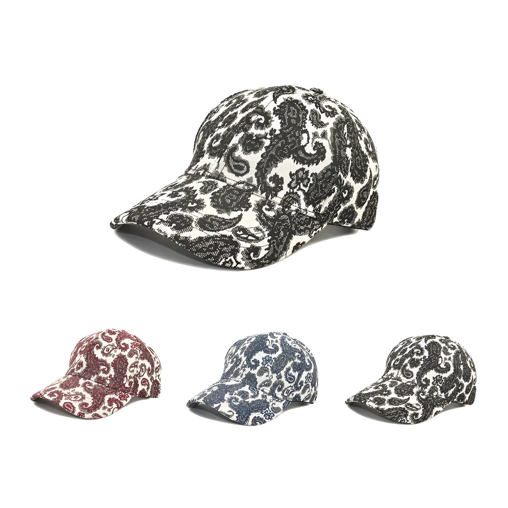 Blue polyester baseball cap with a white paisley pattern printed on the dome crown.
