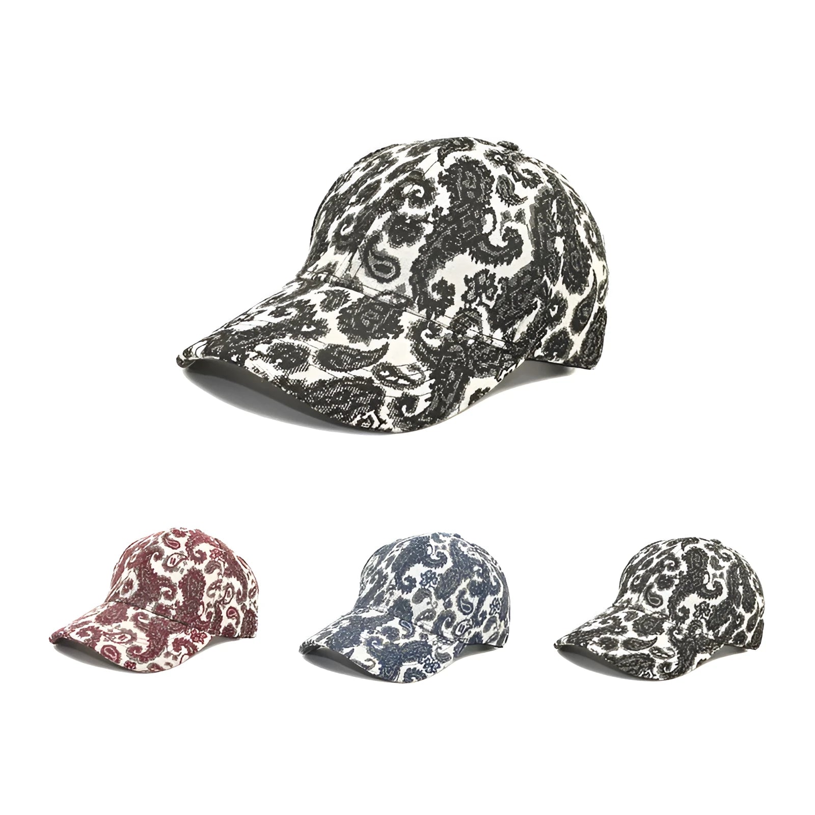 Blue polyester baseball cap with a white paisley pattern printed on the dome crown.