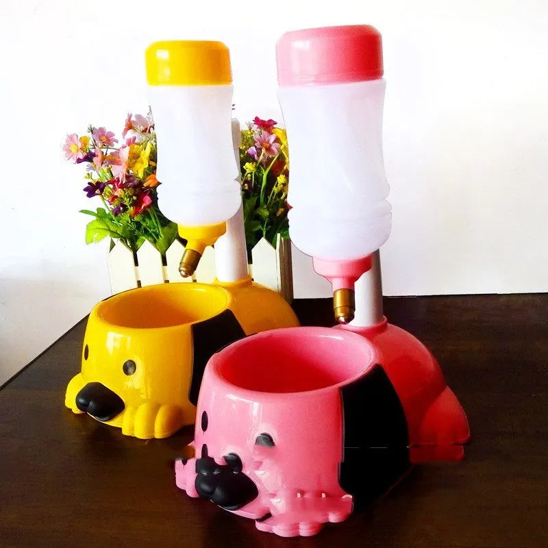Plastic adjustable rod-lifting pet water bowl in blue, pink, or yellow.