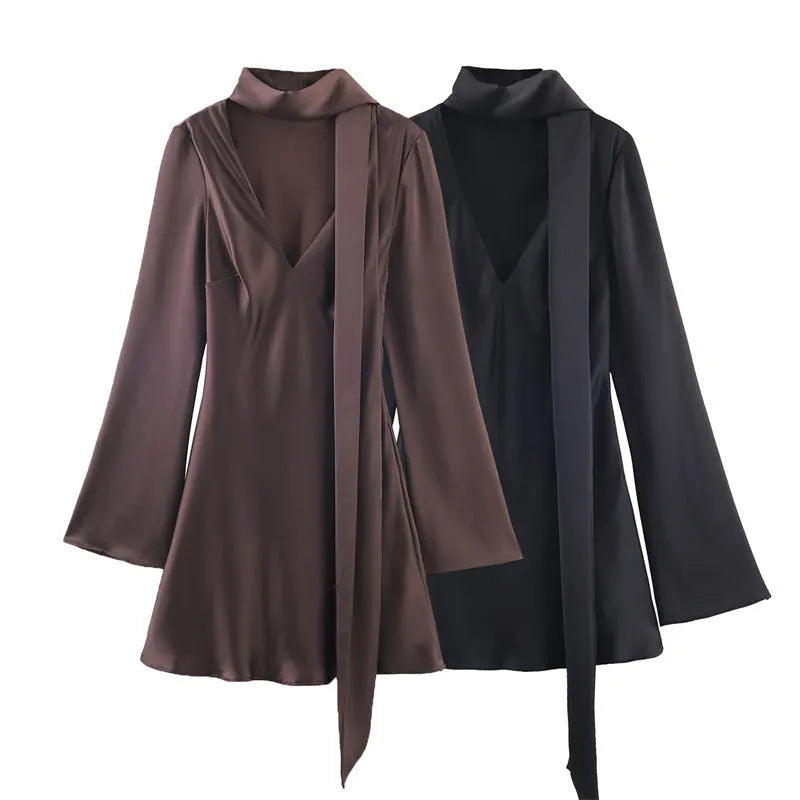 Women's hooded long sleeve pleated short scarf dress in brown or black, knitted mercerized cotton, sizes XS to L