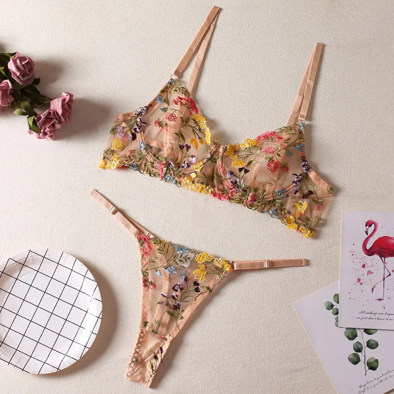 Floral pattern mesh bra and underwear set with T-back straps and 3/4 cups.