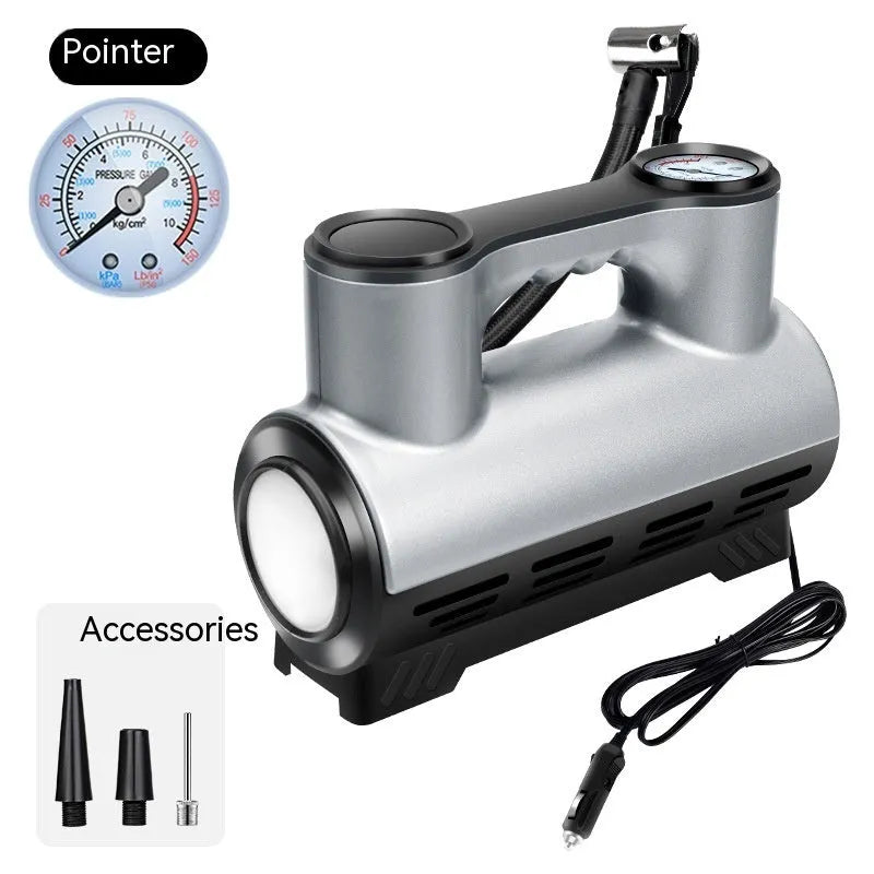 12V portable car tyre inflator with pressure gauge and LED light on black background