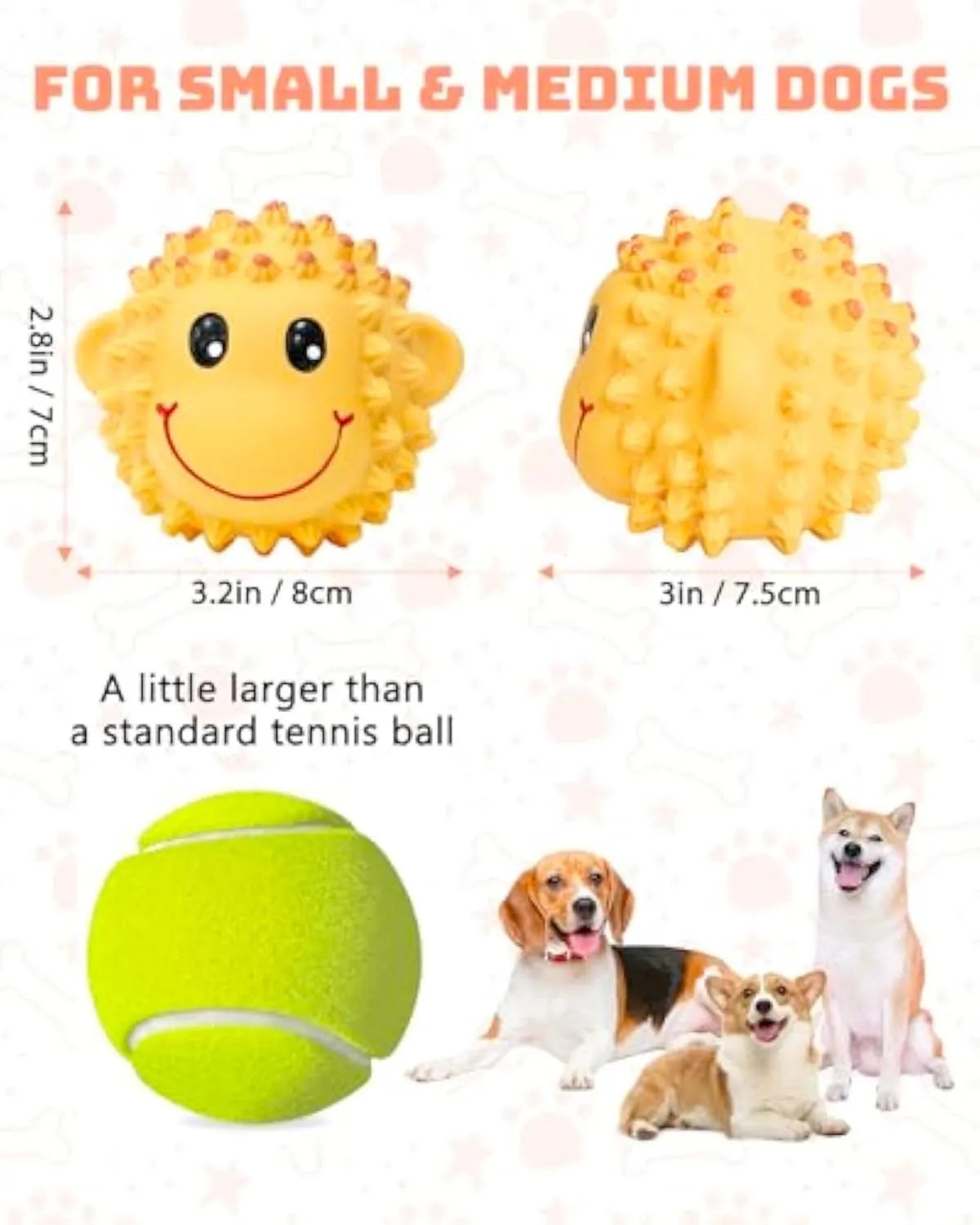 Orange and yellow spiky latex dog toys with animal designs, approximately 3 inches diameter