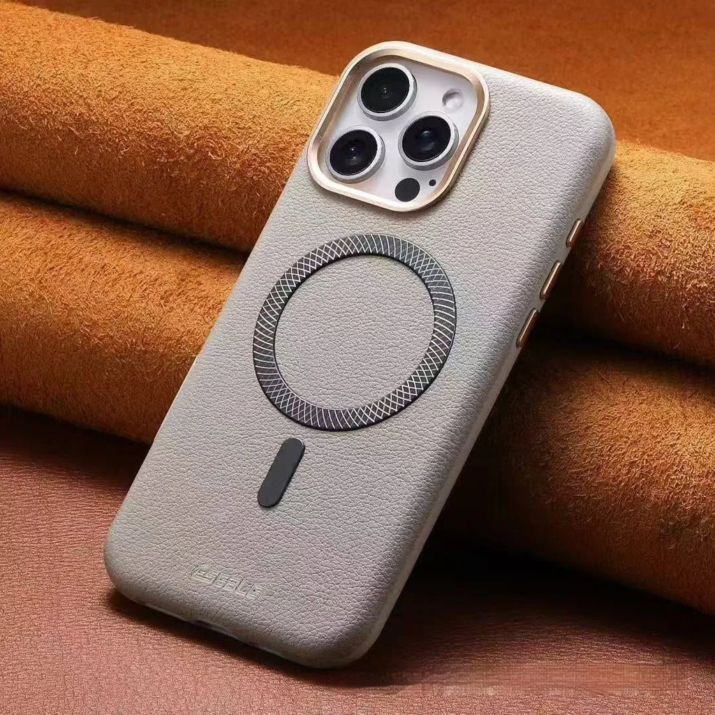 Triangle shield magnetic suction phone case for iPhone 15 in black imitation leather with embossed finish