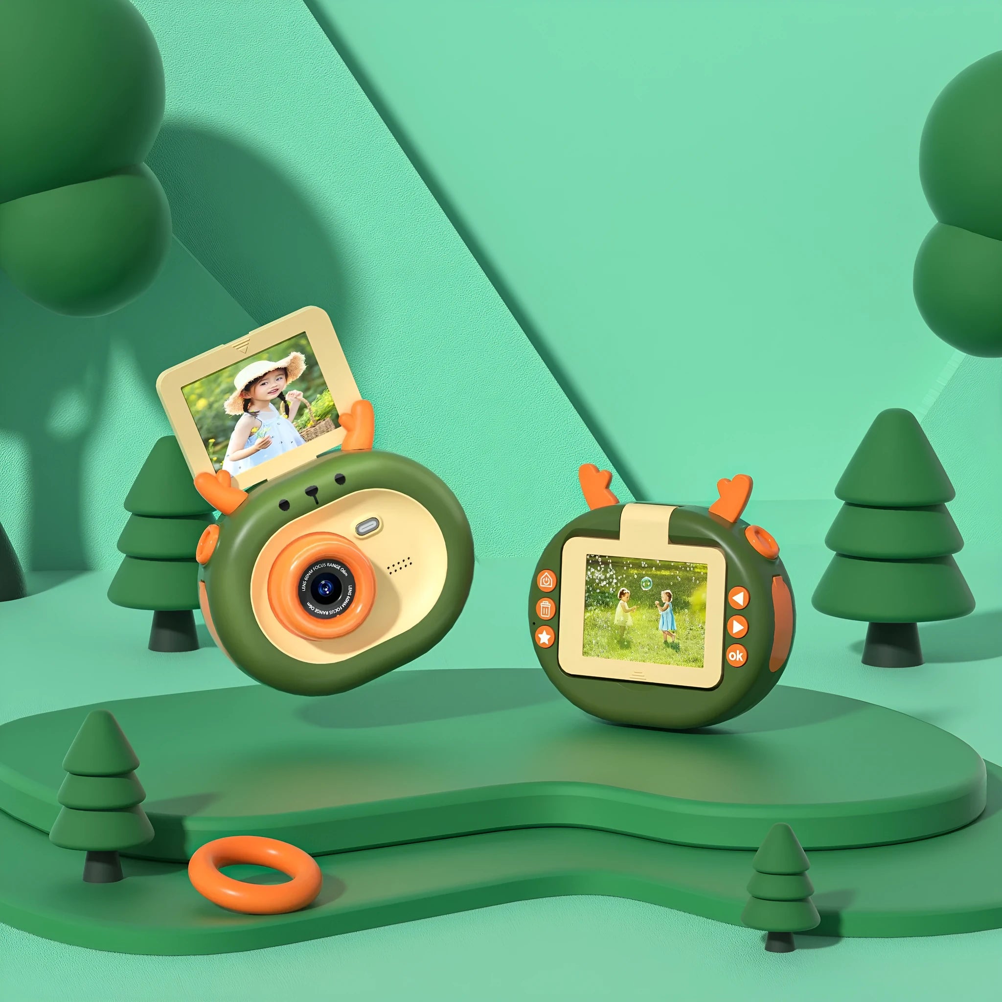 Children's digital camera with flip screen in dark green or purple colours with silicone protective case