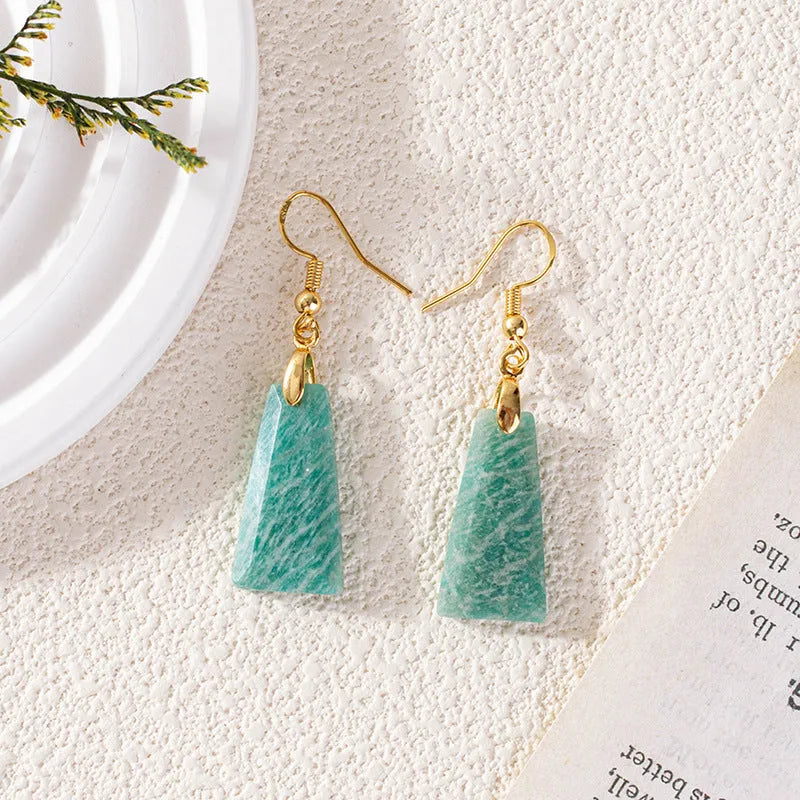 Amazonite rough stone trapezoid earrings with geometric design in gold or silver settings