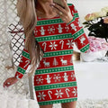 Printed Christmas dress with animal pattern and floral design, tight-fitting hip skirt with mid waist and long sleeves