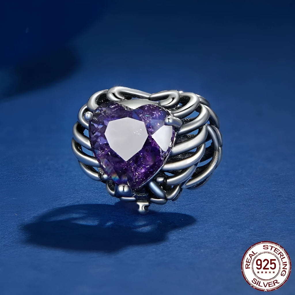 Purple skull heart 925 silver bead with inlay, 12x13mm, on a white background showing 4.5mm aperture