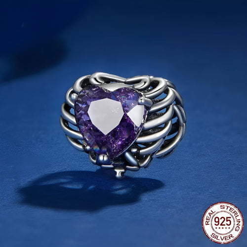 Purple skull heart 925 silver bead with inlay, 12x13mm, on a white background showing 4.5mm aperture