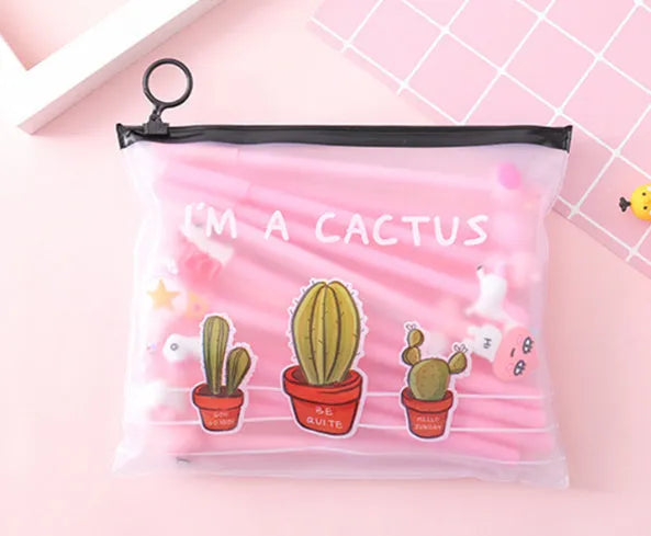 Marvel Cactus cartoon themed plastic pen case containing twenty black 0.5mm gel pens.