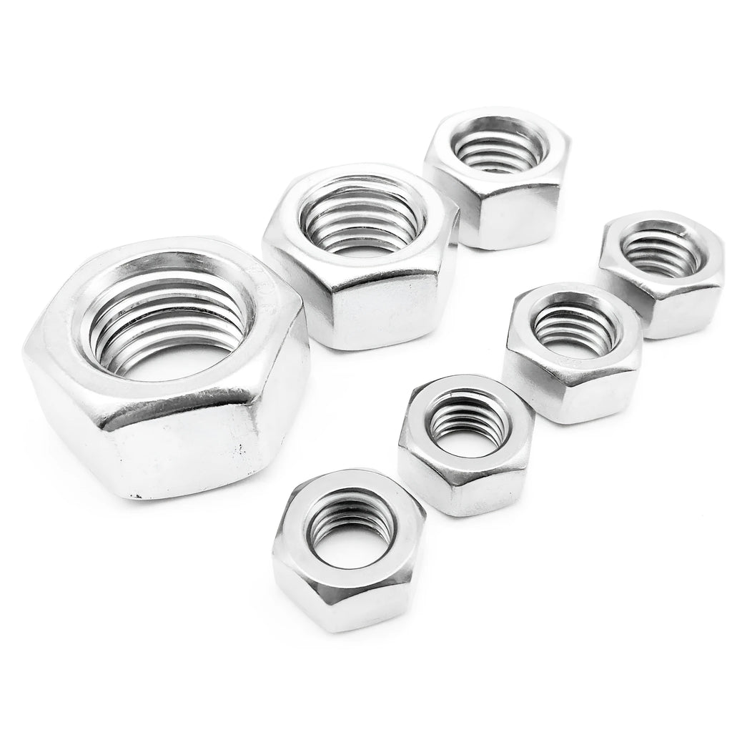 304 stainless steel thickened hexagon nut set with sizes from M5 to M56 on a workbench