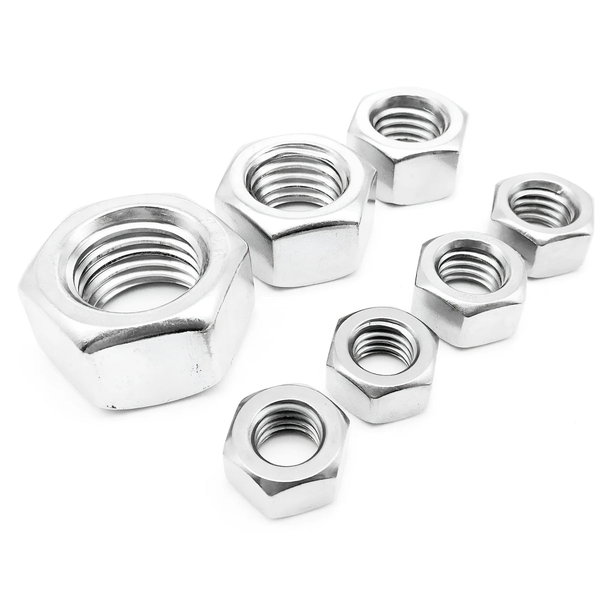 304 stainless steel thickened hexagon nut set with sizes from M5 to M56 on a workbench