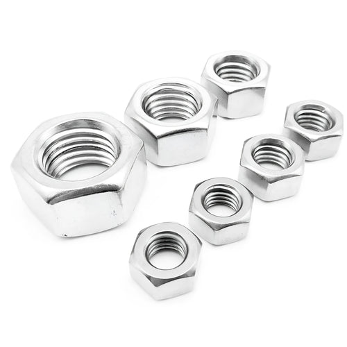 304 stainless steel thickened hexagon nut set with sizes from M5 to M56 on a workbench
