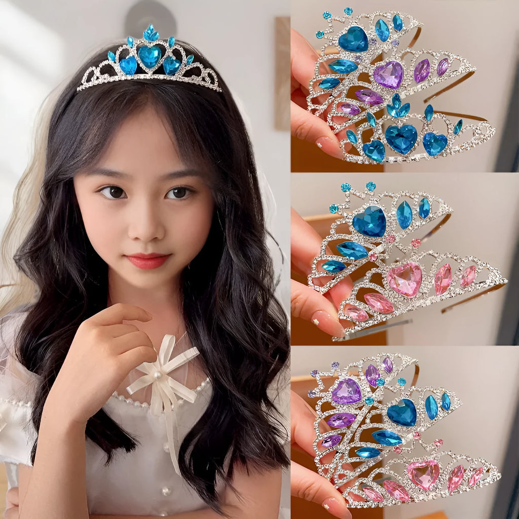 Children's metal princess crown headband with crystal stones in pink, light blue, or light purple.