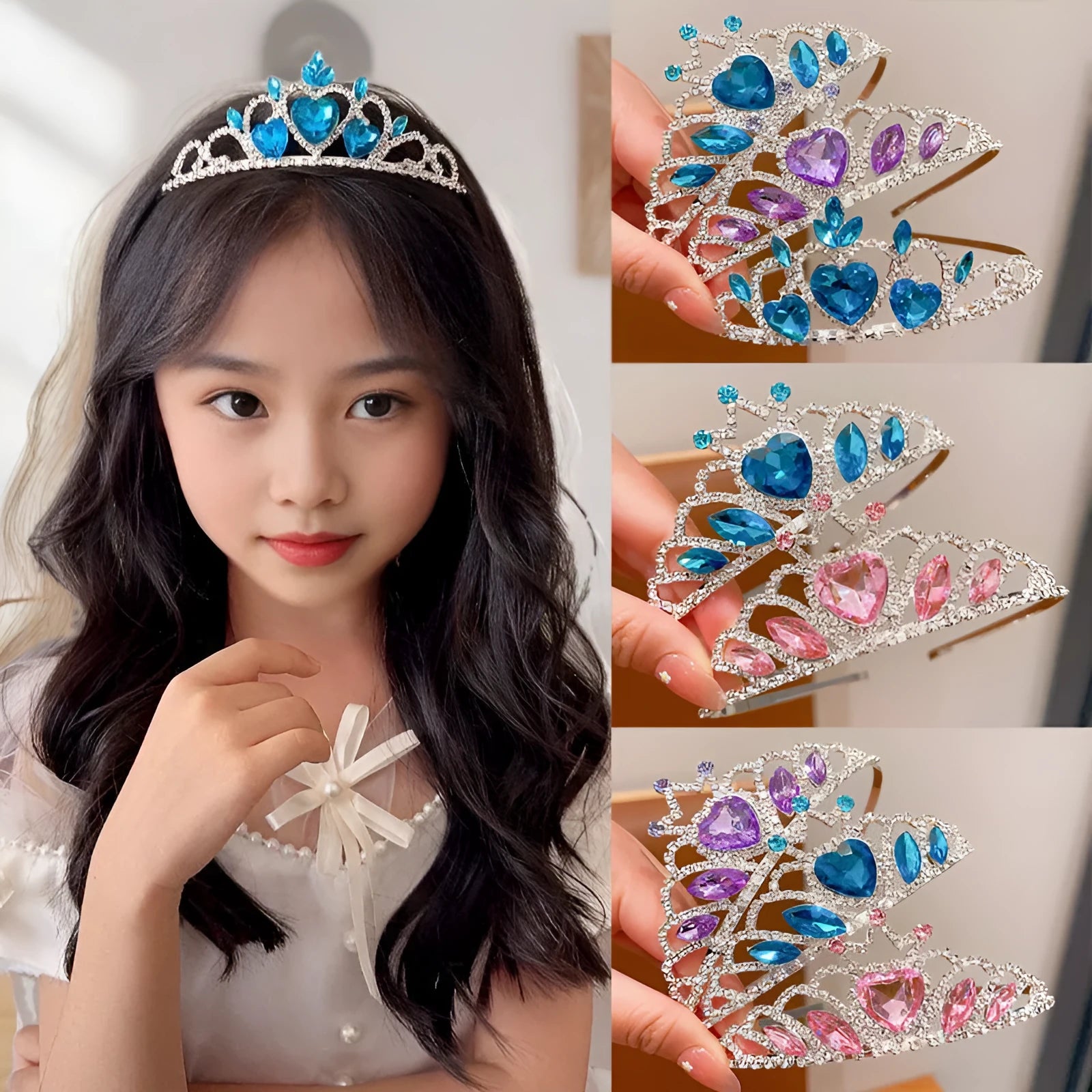 Children's metal princess crown headband with crystal stones in pink, light blue, or light purple.