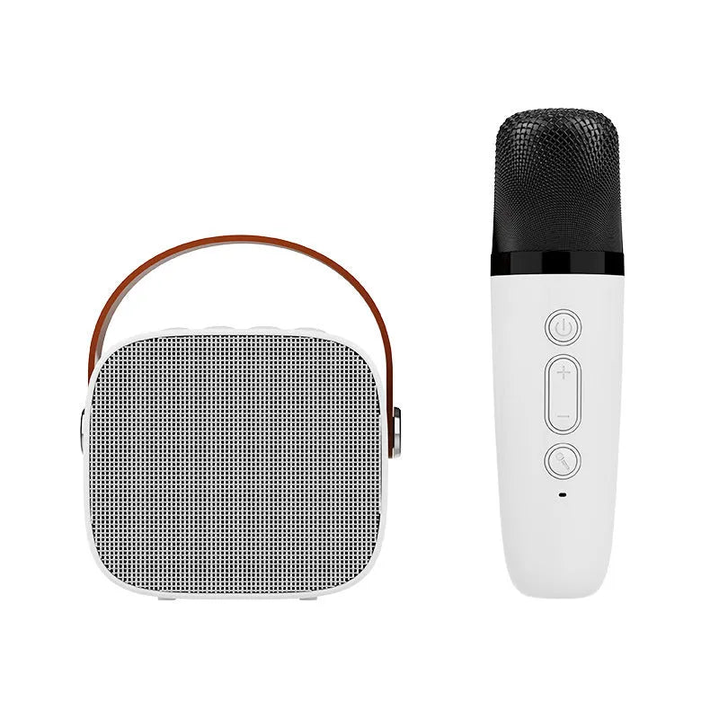 Wireless Bluetooth portable audio speaker with microphone in white, pink, or blue plastic housing