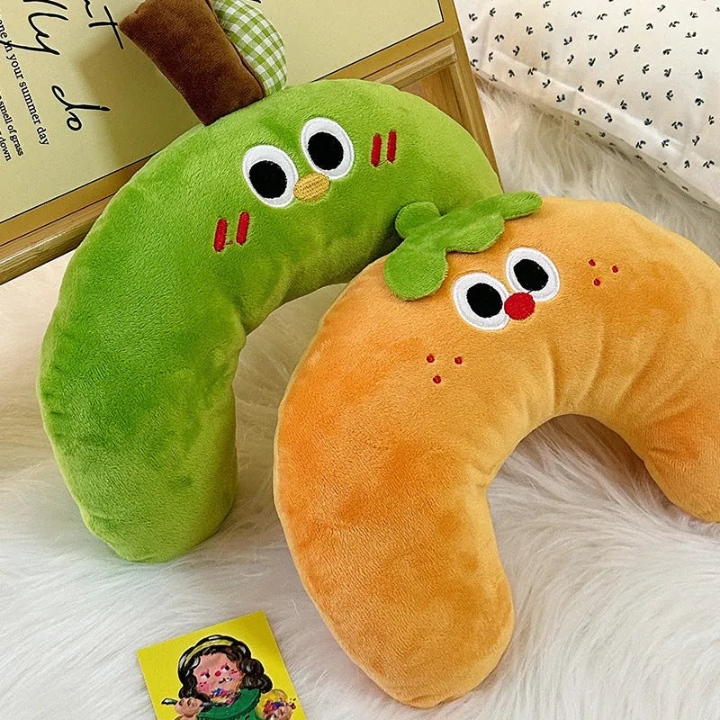 Plush U-shape pet pillow, 23cm by 30cm, in green apple, black ear white puppy, pink rabbit, or orange