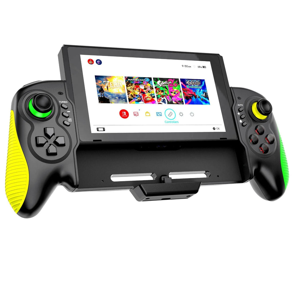 Yellow-green game controller with in-line handle design and somatosensory burst function