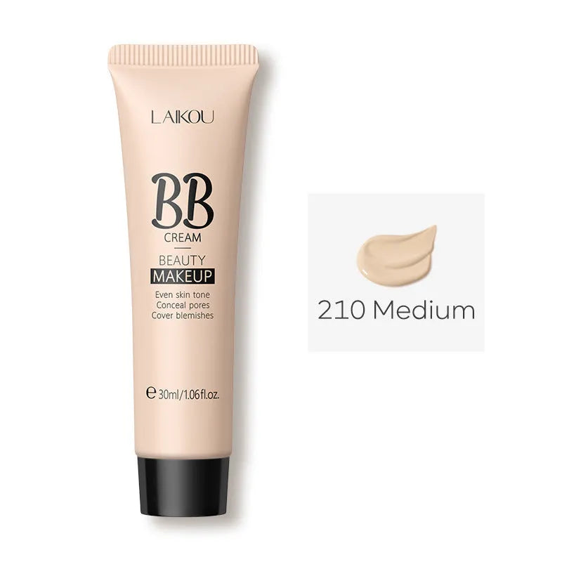 30ml tube of natural finish BB cream showing nine colour shade options from Ivory White to Brown