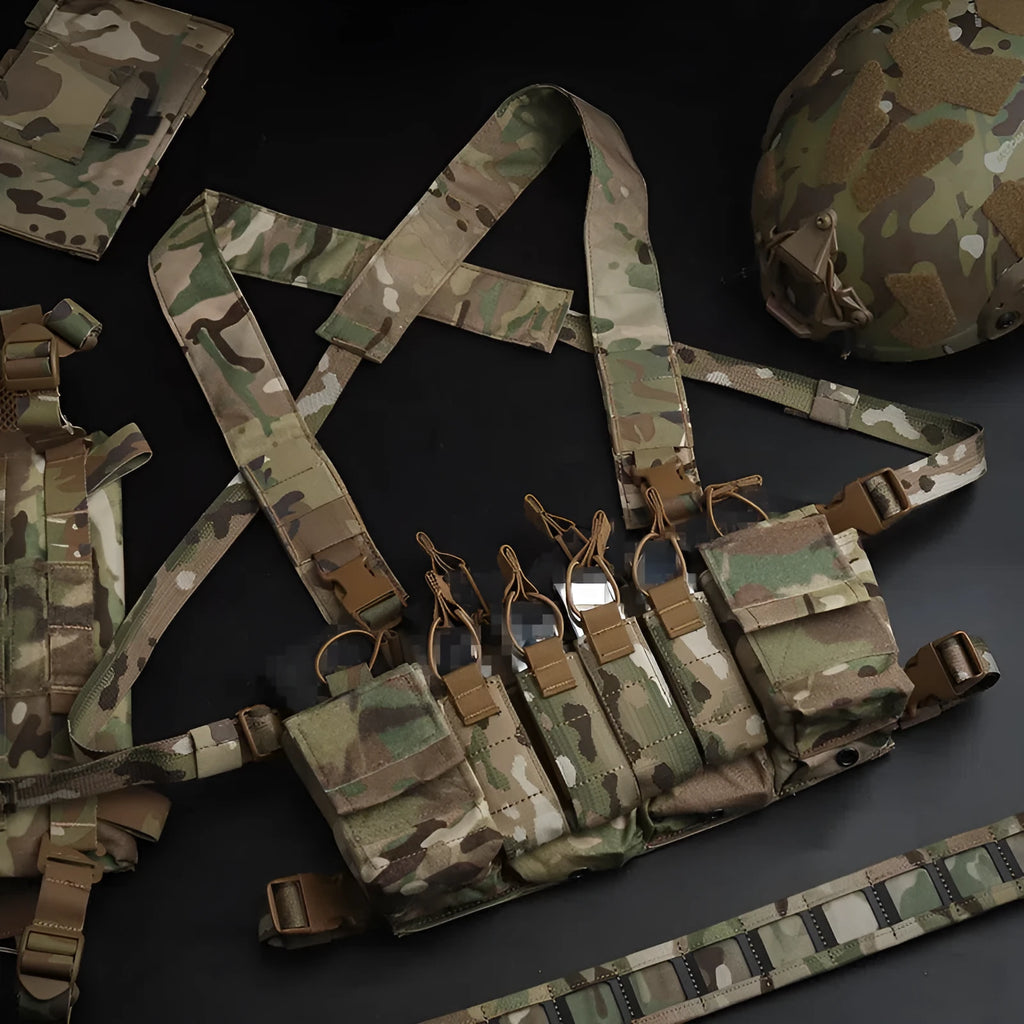 Camouflage nylon chest harness with accessory pouch in CP and Black CP, one size fits all