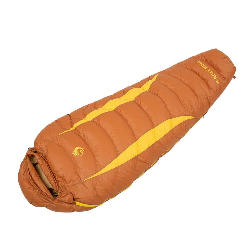 Adult mummy sleeping bag with 900g duck down fill, 400T nylon shell, and 320T Chunya lining in fog blue and yellow
