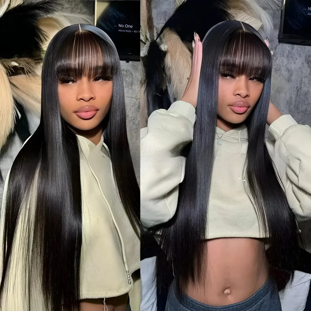 Natural colour human hair straight fringe wig on full mechanism headgear
