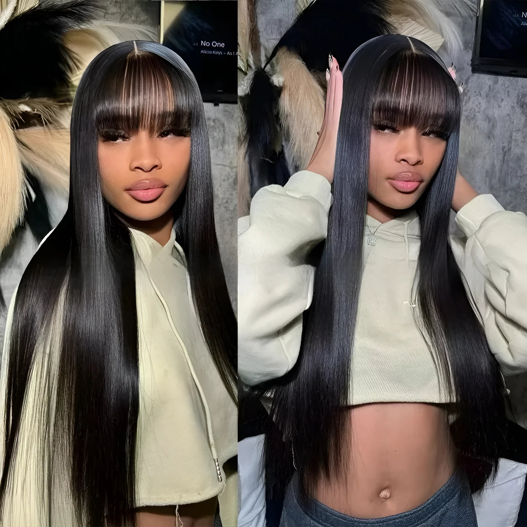 Natural colour human hair straight fringe wig on full mechanism headgear