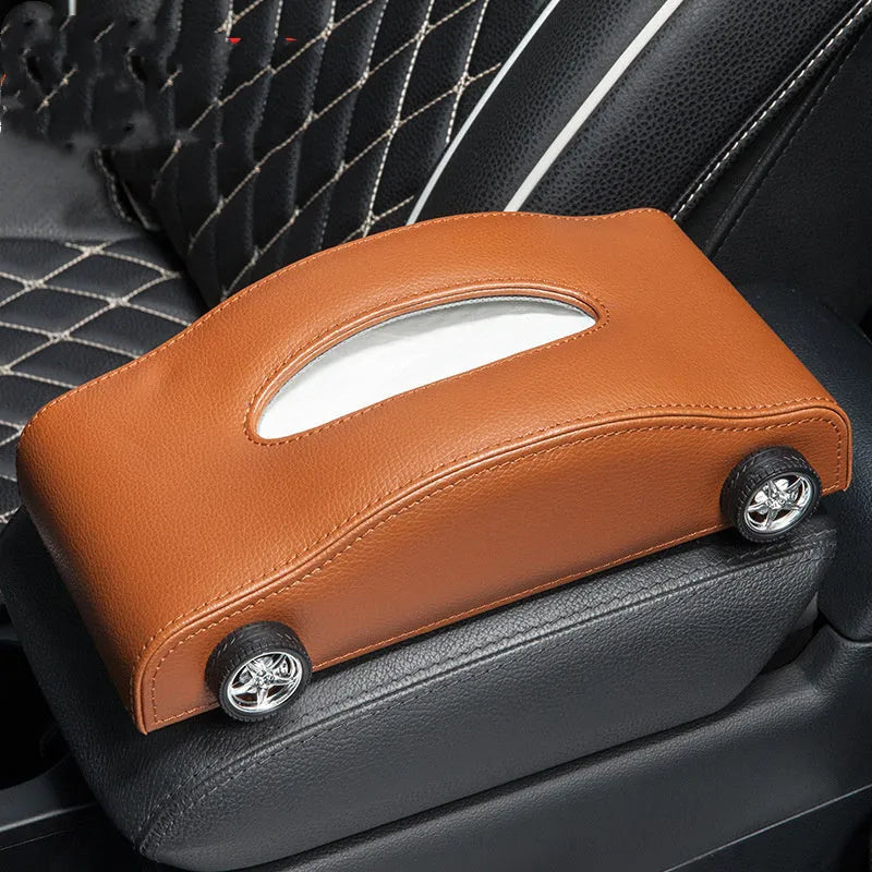 Leather car tissue box 24x12x6cm for instrument panel or centre console with optional temporary stop sign