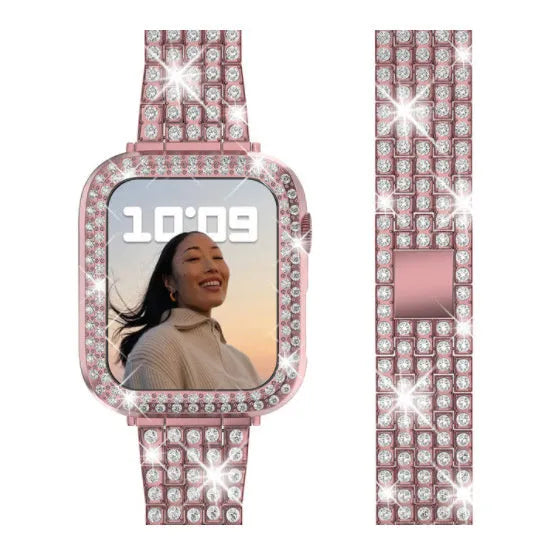 Apple Watch case with double diamond glass peep-proof screen protector in rose gold colour for a 44mm model.
