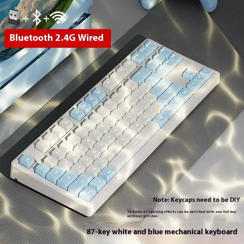 Office Game wireless mechanical keyboard showing colour options and 87-key or 108-key layouts