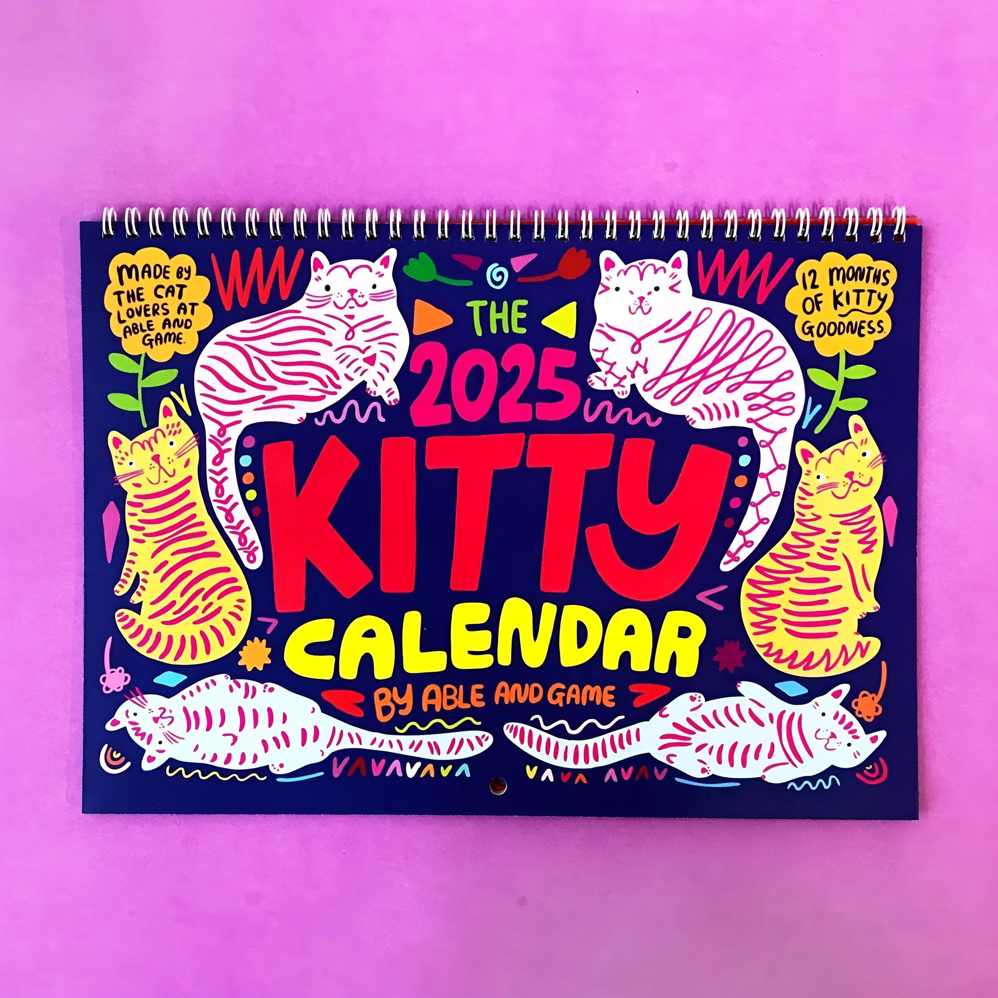 A2 size cat-themed wall calendar with monthly feline artwork on 200gsm paper