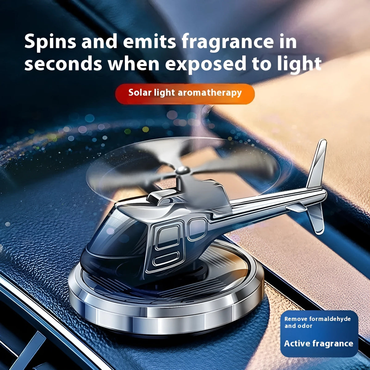 Metal solar-powered rotating helicopter car perfume ornament in three colour options
