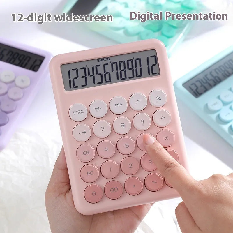 Gradient colour desktop calculator in ABS plastic showing violet, blue, green, and pink colour options
