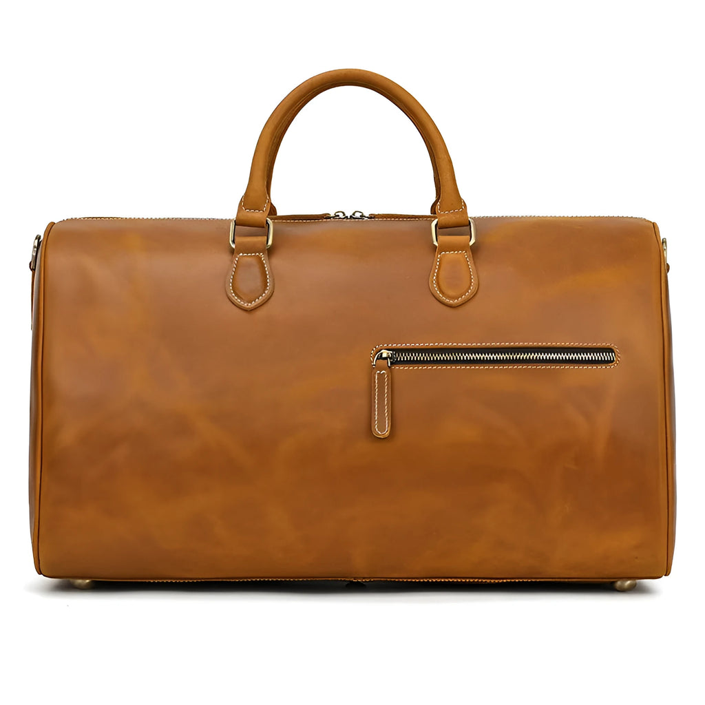 Crazy horse leather travel bag in light or dark brown with 36-55L large capacity and wear-resistant genuine leather finish