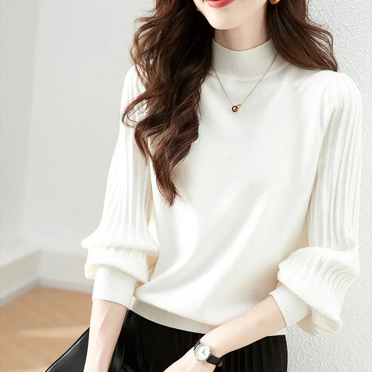 Slim fit half turtleneck shirt with sunken stripe pattern in core-spun yarn fabric