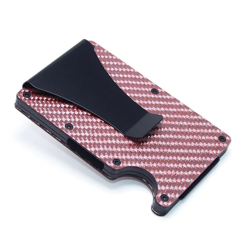 Geometric carbon fibre card holder showing 8mm thickness with capacity for multiple bank cards