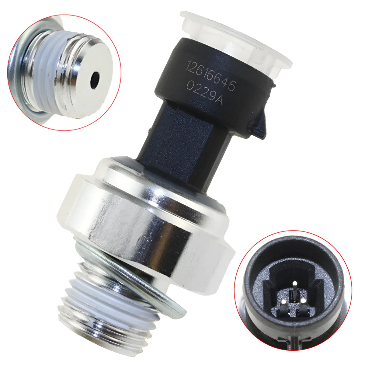 GM oil pressure sensor with electrical connector for Buick Chevrolet vehicles, part numbers 12573107 12567323 visible.